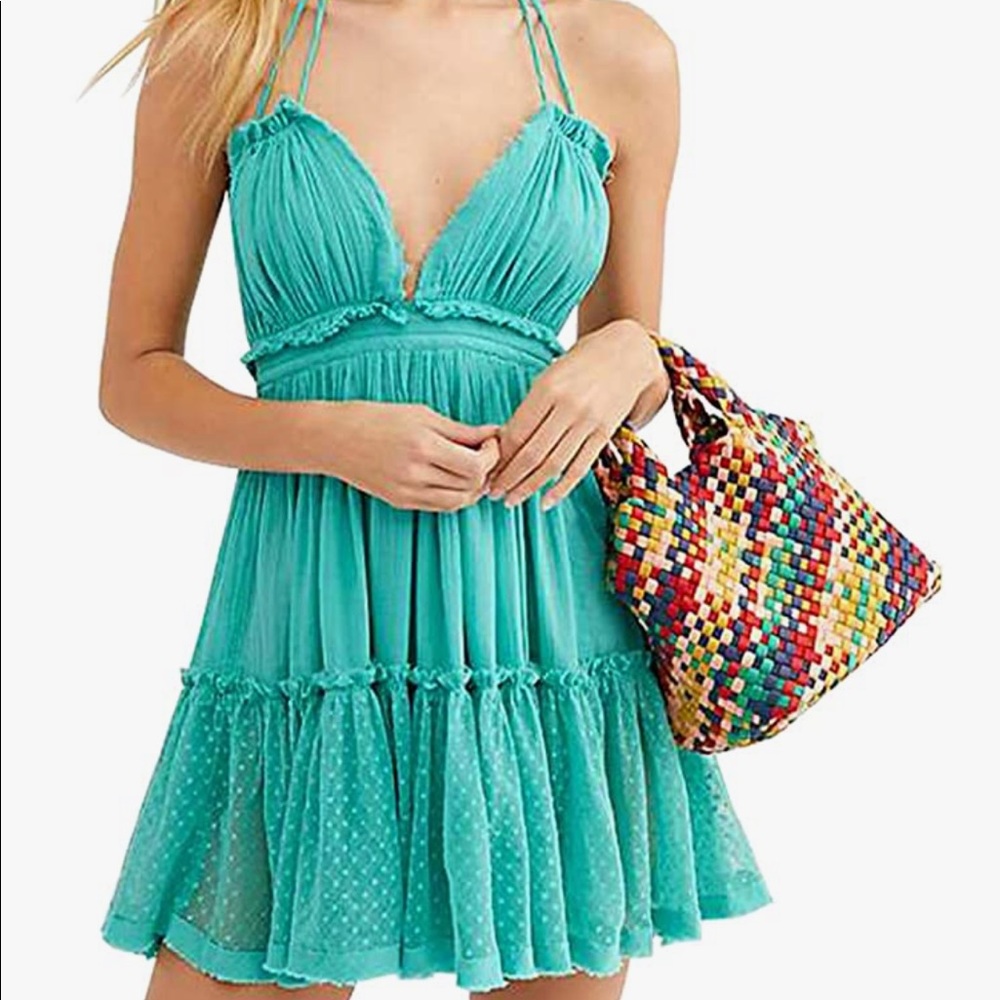 R.Vivimos Womens Summer Halter Deep V Neck Sexy Patchwork Mini Short Dresses